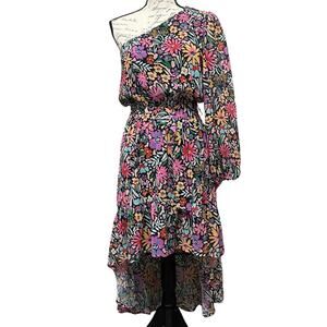 BTFL- Life One Shoulder Hi-Lo Ruffle Hem Dress Women’s M Multi Floral Belt Lined